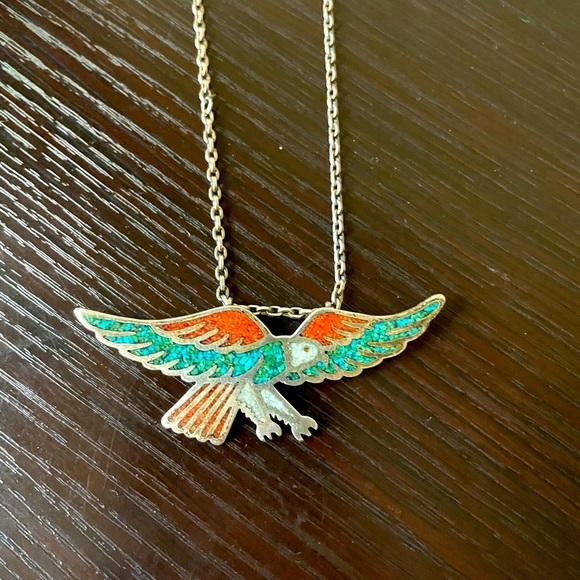 Other - Vintage Silver Turquoise Coral Eagle Necklace